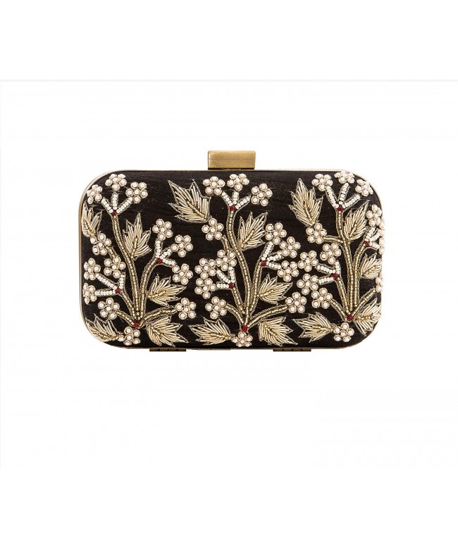 Floral Beaded Black Silk Clutch