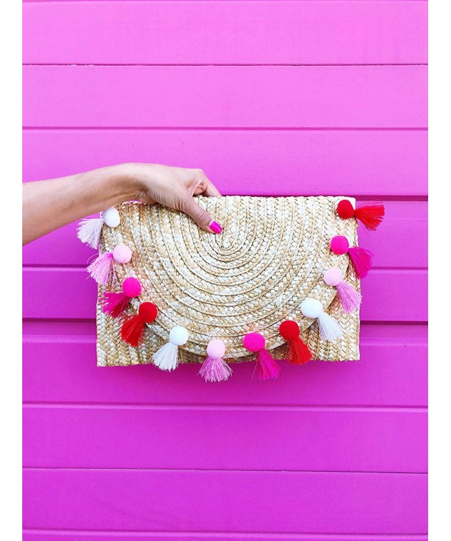 Straw Pom Tassel Clutch Straw Pink